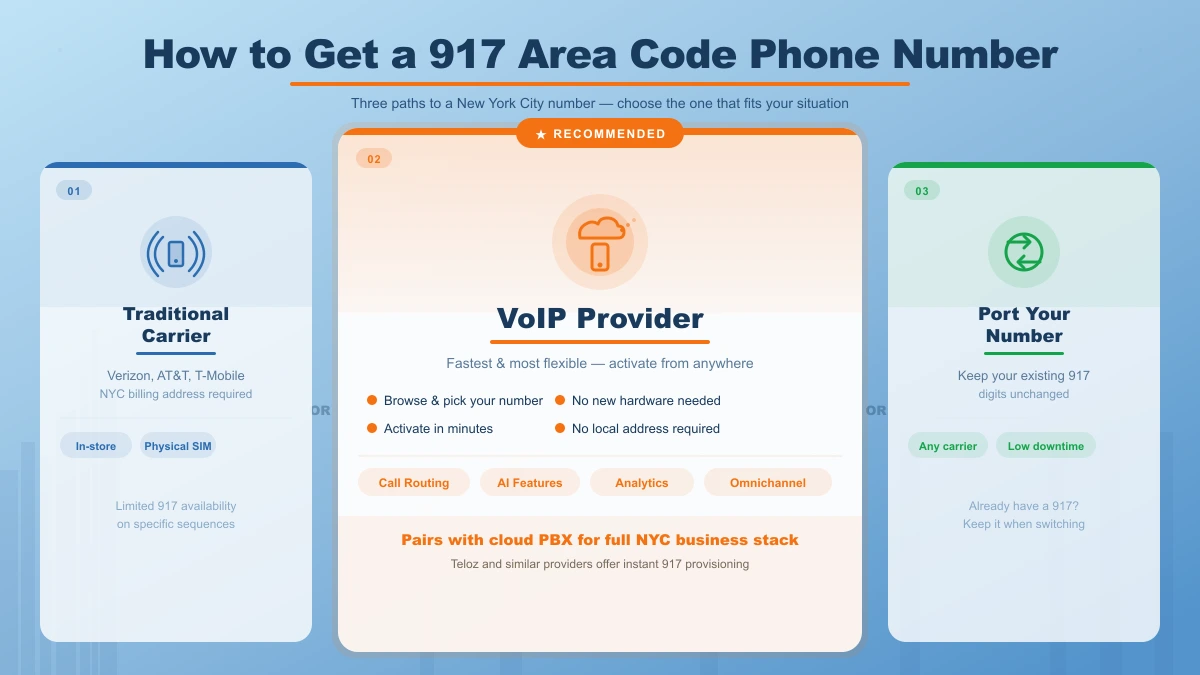 How to get a 917 area code phone number — 4-step VoIP setup: choose provider, pick number, configure, go live