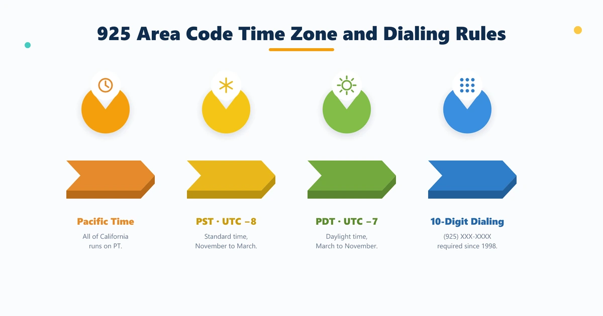 925 area code time zone — Pacific Time Zone PST UTC-8 and PDT UTC-7, with 10-digit dialing format (925) XXX-XXXX required since 1998