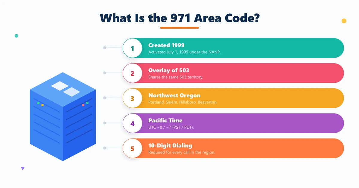 What is the 971 area code — badge circle showing Portland Oregon with 5 key facts: created 1999, 503 overlay, NW Oregon, Pacific Time, 10-digit dialing
