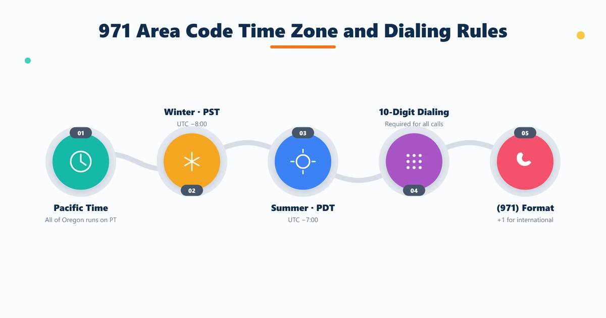 971 area code time zone — Pacific Time Zone PST UTC-8 and PDT UTC-7, and the 10-digit dialing format (971) XXX-XXXX