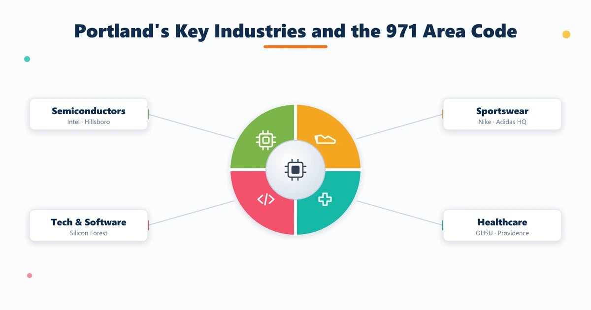 Portland Silicon Forest key industries in the 971 area code — Intel semiconductor, Nike sportswear, OHSU healthcare