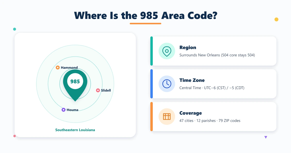 985 area code in southeastern Louisiana — region, Central time zone and coverage