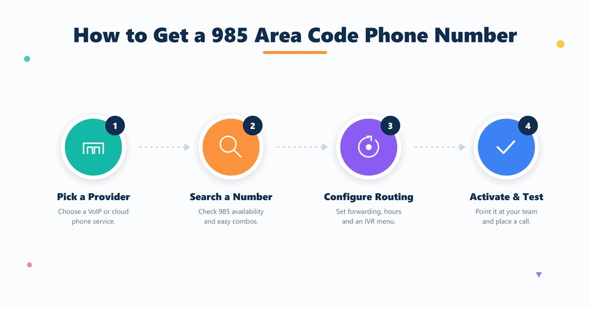 Four steps to get a 985 area code phone number: pick a provider, search, configure routing, activate