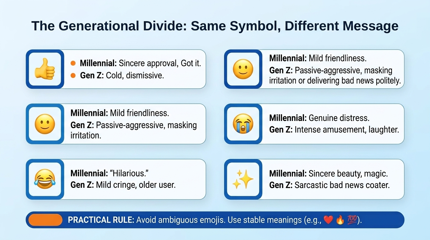 The Generational Divide: Same Symbol, Different Message — Millennial vs. Gen Z emoji interpretations
