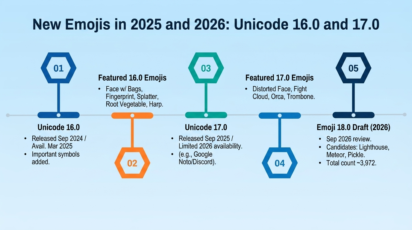 New emojis: Unicode 16.0 and 17.0 additions and the emoji 18.0 draft