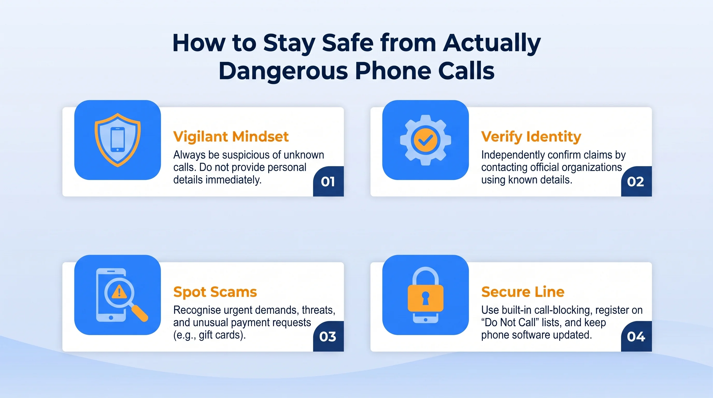How to stay safe from dangerous phone calls — vigilant mindset, verify identity, spot scams, secure line