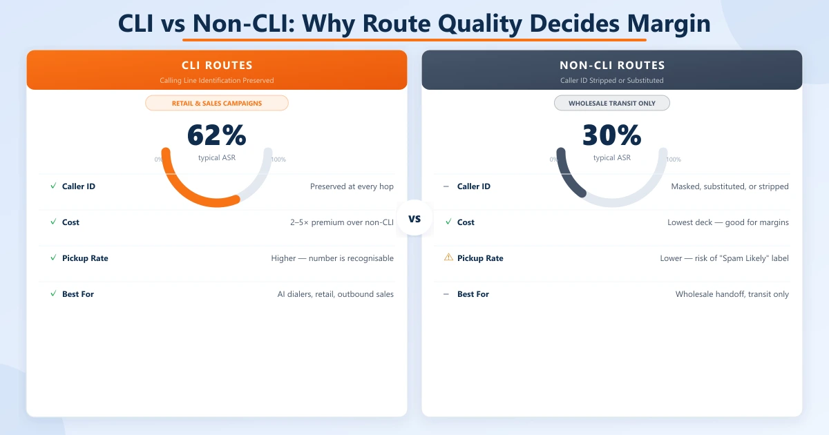 CLI vs Non-CLI routes comparison — CLI (Caller ID preserved, 45-65% ASR, recommended for retail traffic) versus Non-CLI (Caller ID stripped, 20-40% ASR, wholesale use only)