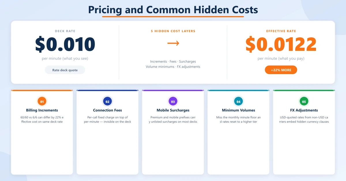 VoIP termination pricing breakdown — billing increment comparison (6/6 vs 30/6 vs 60/60 effective cost) plus 5 hidden costs: increments, connection fees, mobile surcharges, minimum commitments, FX adjustments