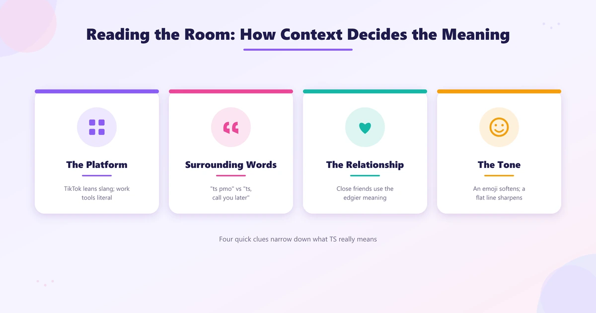 Four context clues that decide what TS means: platform, surrounding words, relationship, and tone