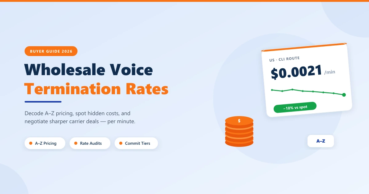 Wholesale Voice Termination Rates 2026 buyer guide — a US CLI rate card showing $0.0021/min with a downward negotiated-rate trend (−18% vs spot) and a coin stack
