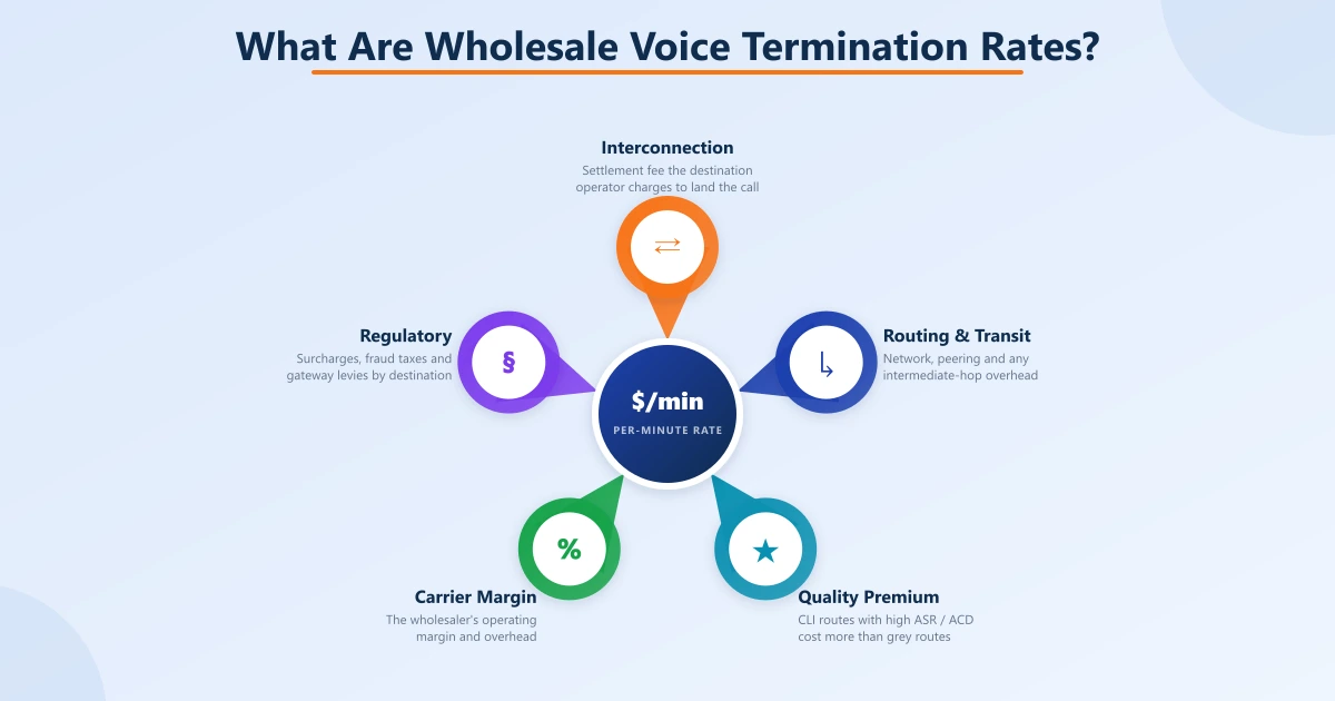 Radial diagram with a per-minute-rate hub surrounded by the five cost components bundled into a wholesale voice termination rate: interconnection, routing & transit, quality premium, carrier margin, and regulatory surcharges