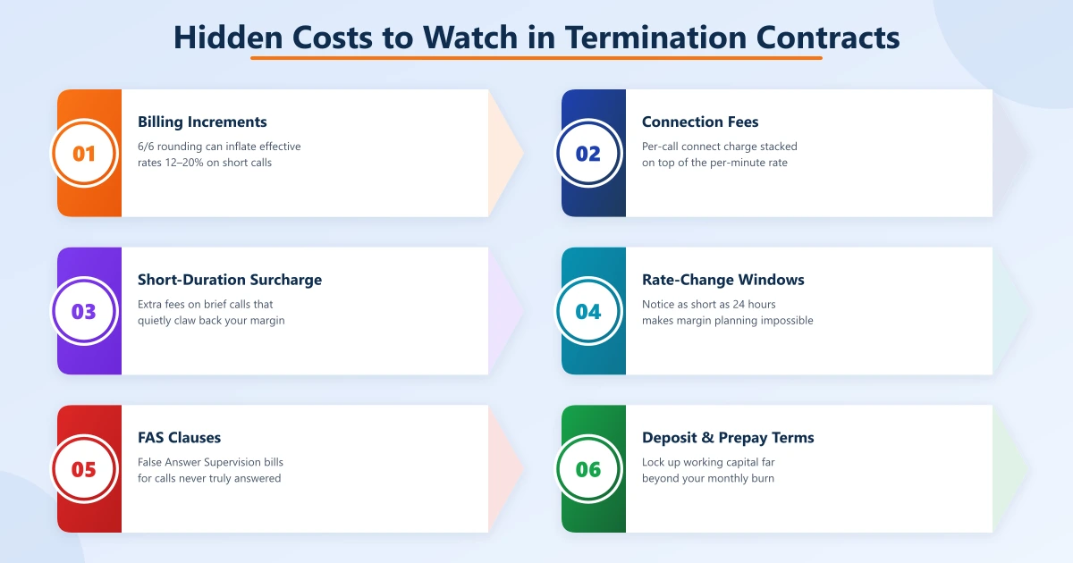 Six arrow-banner cards of hidden costs in wholesale voice termination contracts: billing increments, connection fees, short-duration surcharges, rate-change windows, FAS clauses, and deposit & prepay terms
