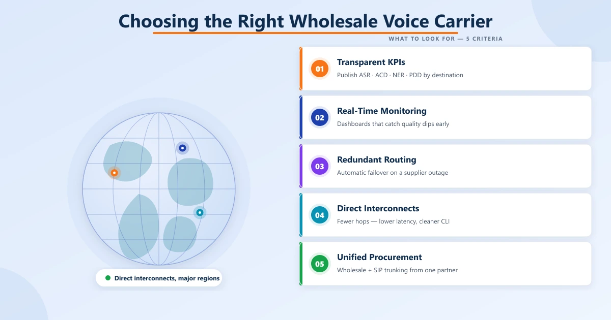 Globe showing direct interconnects across major regions beside a numbered five-criteria checklist for choosing a wholesale voice carrier: transparent KPIs, real-time monitoring, redundant routing, direct interconnects, and unified procurement