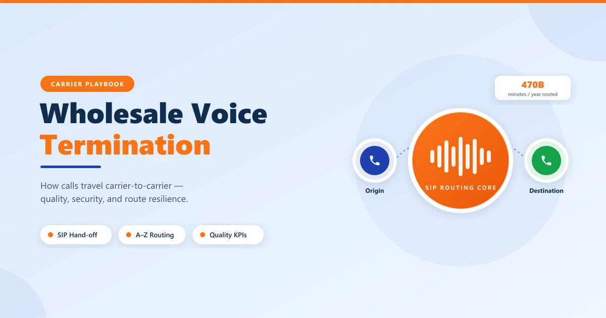 Wholesale voice termination hero — an origin phone and a destination phone connected through a central SIP routing core with a voice waveform, routing 470 billion minutes a year