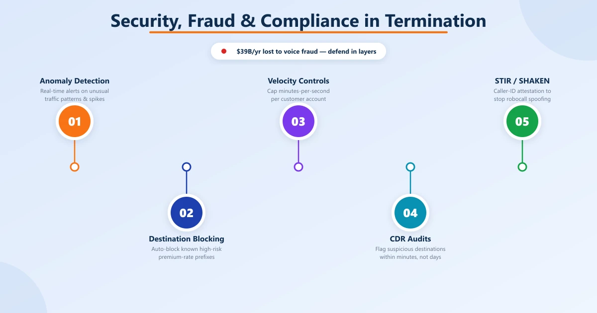 Timeline of five layered fraud defenses for voice termination: anomaly detection, destination blocking, velocity controls, CDR audits, and STIR/SHAKEN — against $39B in annual voice fraud