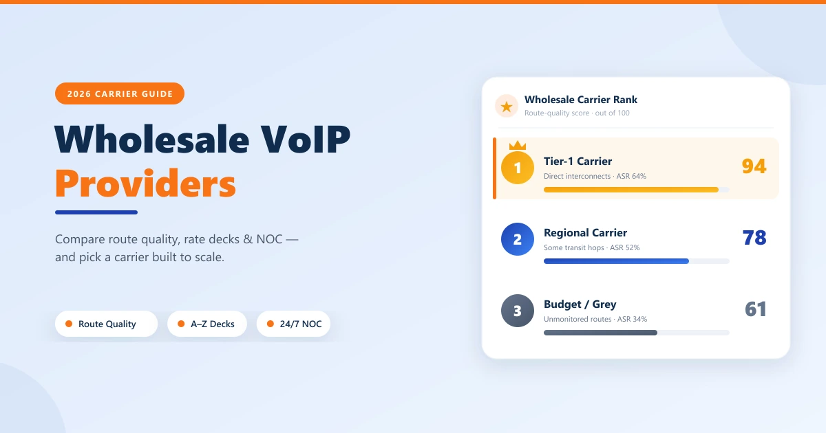 Wholesale VoIP Providers 2026 buyer guide — a carrier ranking scorecard placing a Tier-1 carrier (score 94) above a regional carrier (78) and a budget/grey route (61) by route quality
