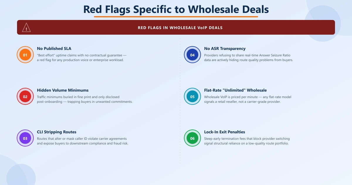 Warning grid showing six wholesale VoIP red flags: no live NOC, no ASR/ACD data, heavy prepay, no fraud monitoring, grey route deflection, no SIP auth