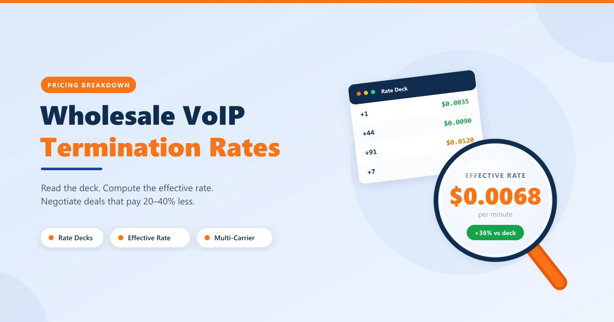 Wholesale VoIP Termination Rates 2026 — rate table showing deck vs effective rates across destinations