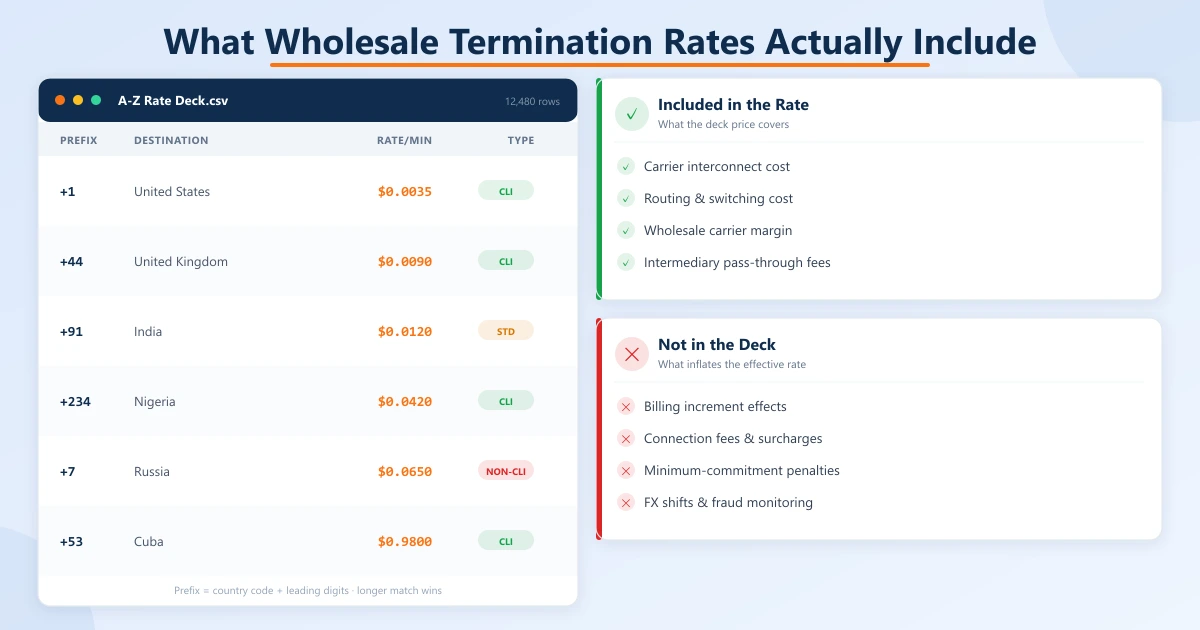 Wholesale VoIP termination rate deck spreadsheet (prefix, destination, rate, type) alongside what is included in the rate (interconnect, routing, margin, pass-through) versus what is not in the deck (increments, connection fees, penalties, FX)