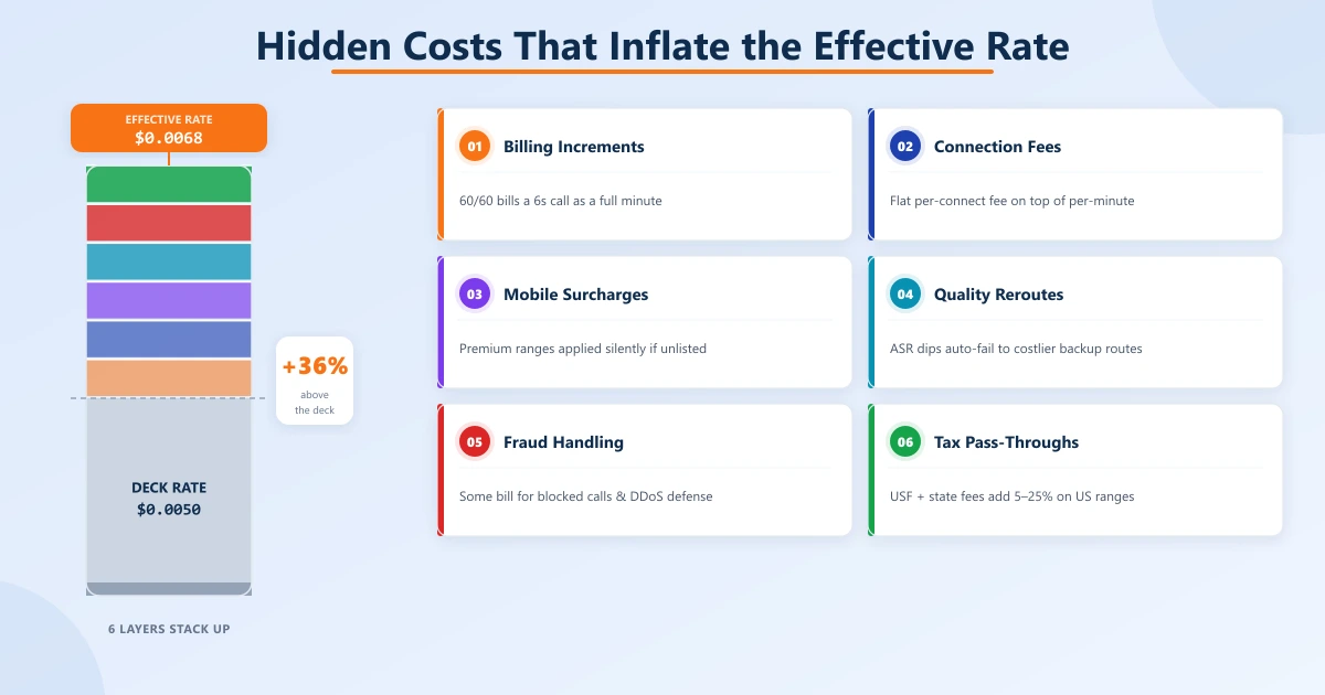 Rate inflation column showing deck rate $0.0050 climbing +36% to an effective rate of $0.0068 through six stacked hidden-cost layers: billing increments, connection fees, mobile surcharges, quality reroutes, fraud handling, tax pass-throughs