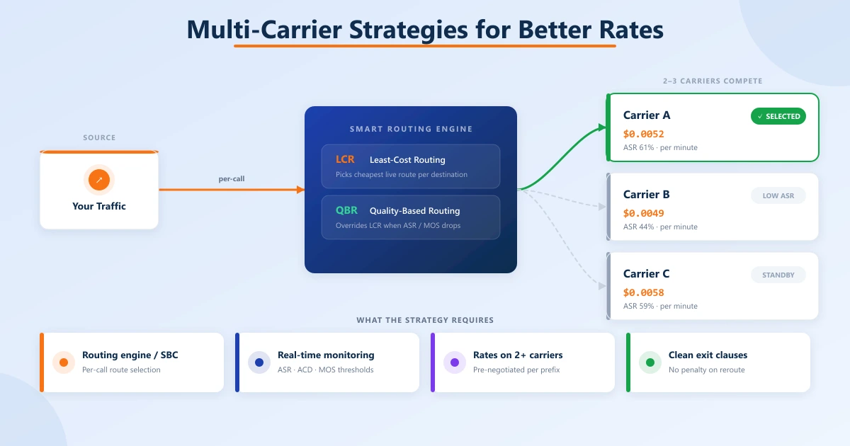 Smart routing schematic — your traffic flows into a routing engine running LCR (least-cost) and QBR (quality-based) logic, which selects among three competing carriers; requirements shown: routing engine/SBC, real-time monitoring, rates on 2+ carriers, clean exit clauses